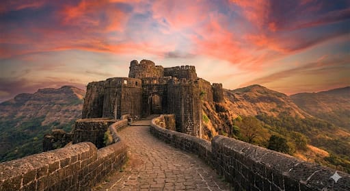 The scorpion-tail Vinchu Kata ridge extending from the fortified walls of Lohagad Fort