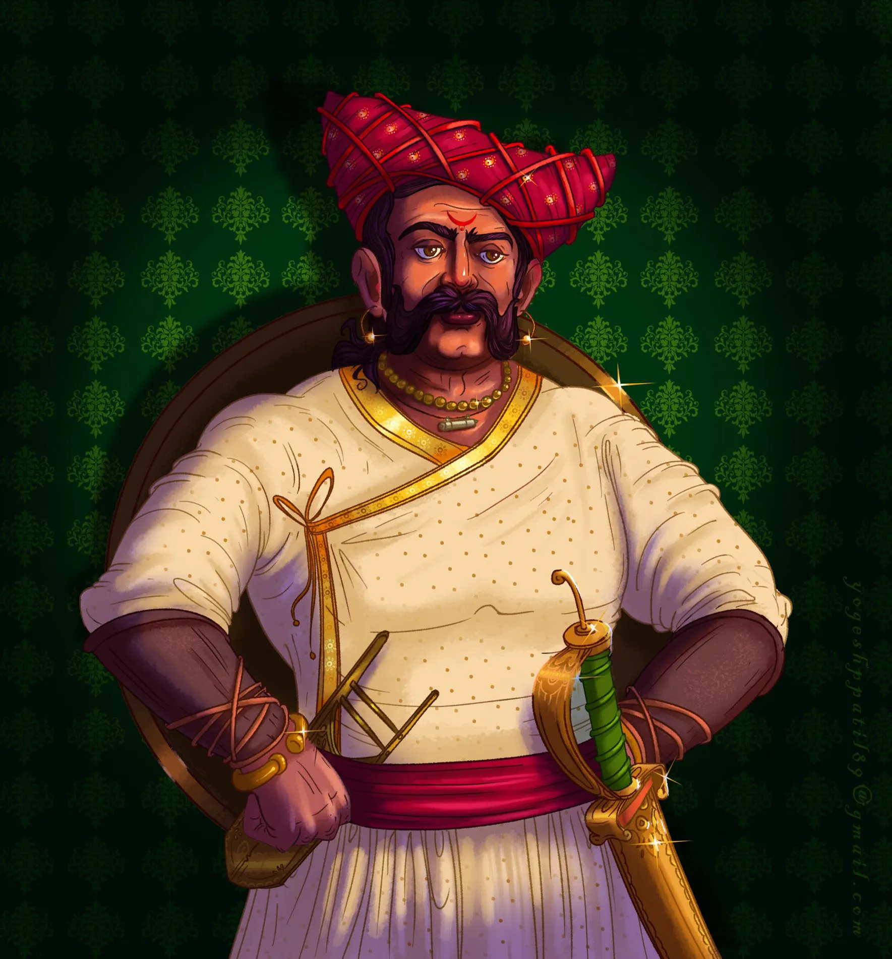 Illustrated portrait of Bahirji Naik, Shivaji Maharaj's chief spy, in a dark cloak and turban