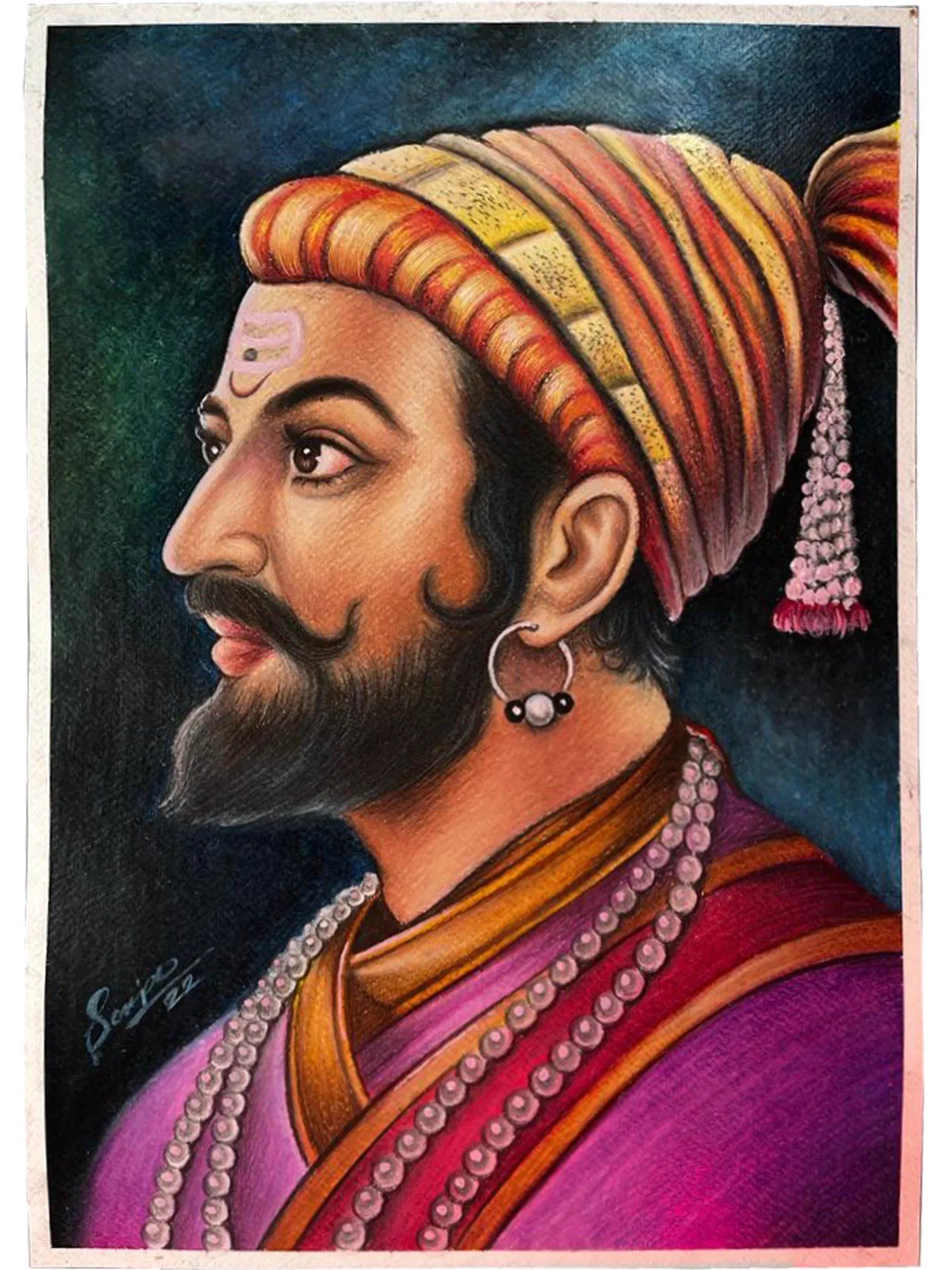 Painted portrait of Chhatrapati Shivaji Maharaj wearing a saffron turban and pearl necklace