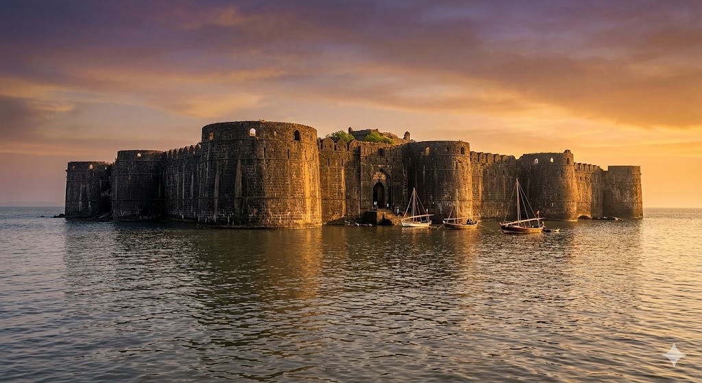 The circular sea bastions of Murud-Janjira island fort surrounded by the Arabian Sea