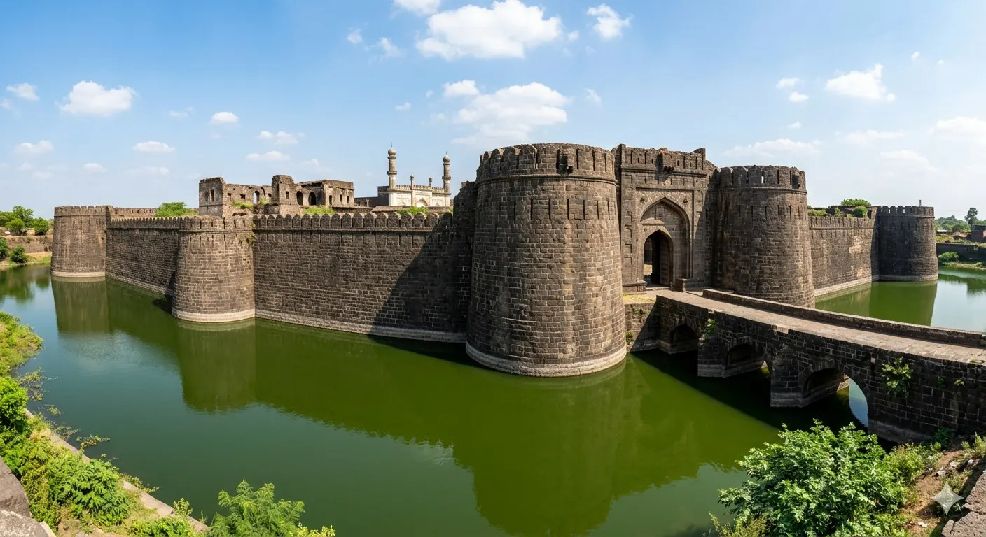 Aerial view of Khanderi sea fort with thick stone walls encircled by the waters off Alibaug
