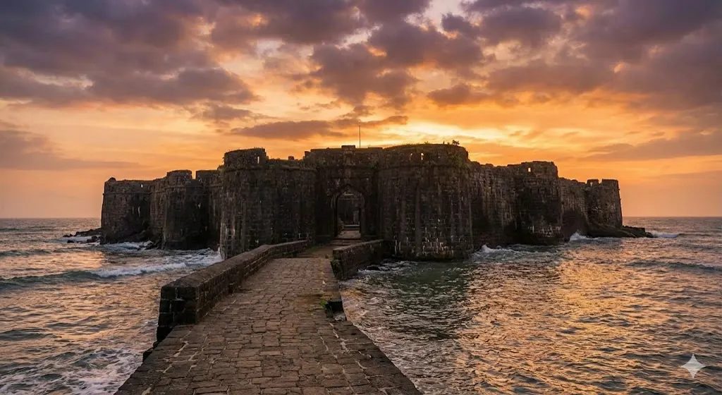 Sunset over the massive sea walls of Sindhudurg Fort with stone causeways leading into the fortress