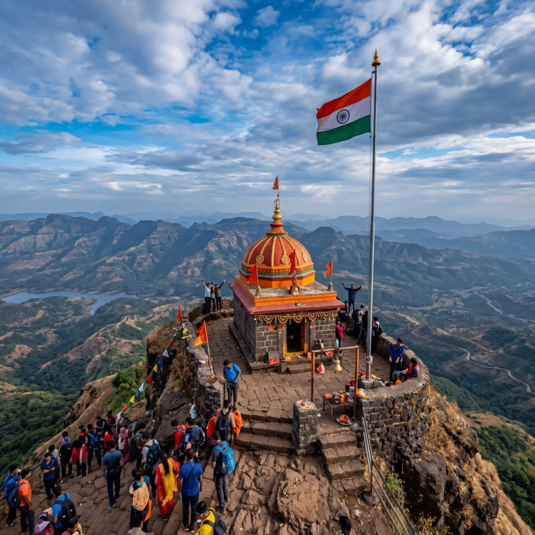 The small orange-domed Kalsubai temple at the summit of Maharashtra's highest peak with an Indian flag flying beside it