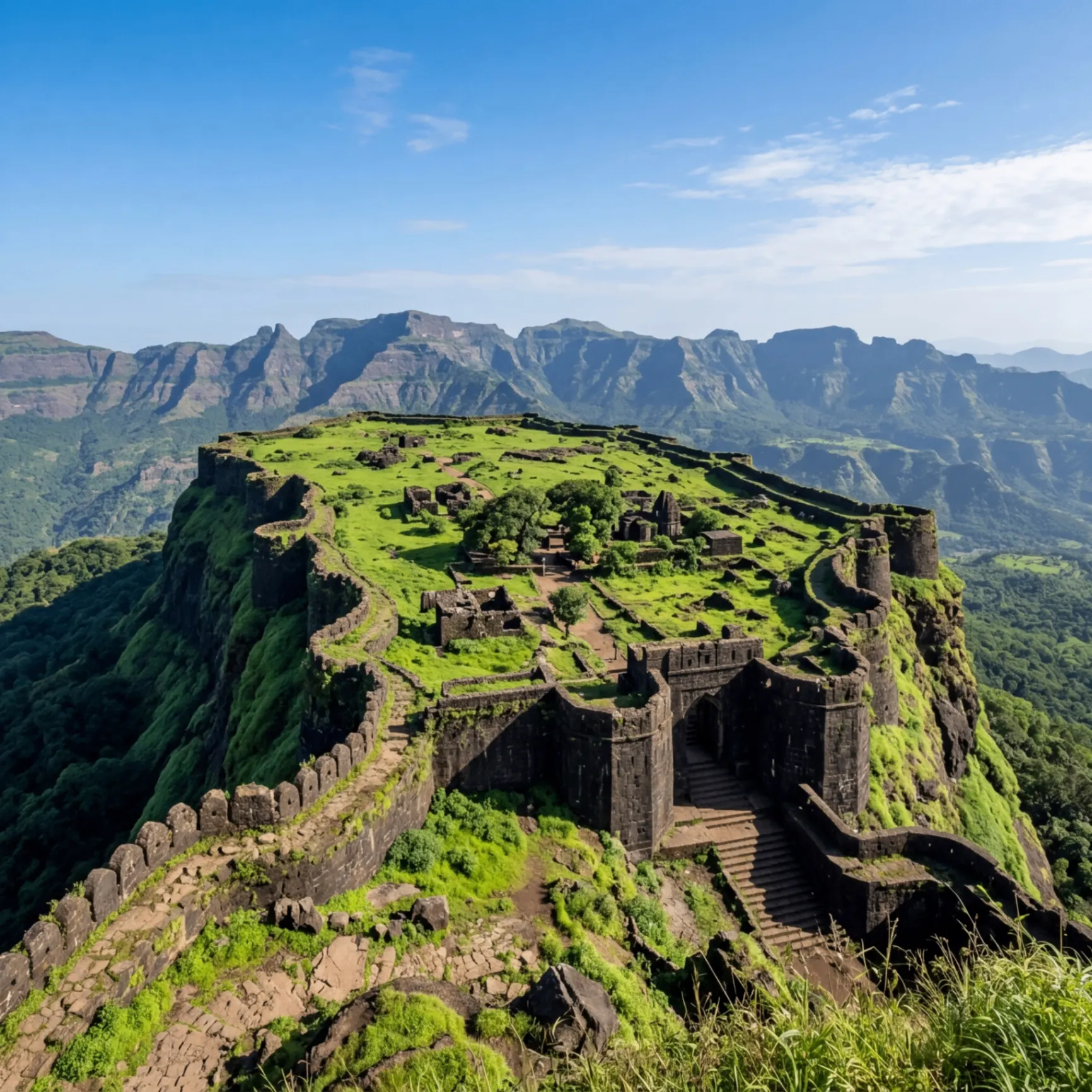 The stone main gate and temple complex of Sajjangad Fort, resting place of Samarth Ramdas Swami, near Satara