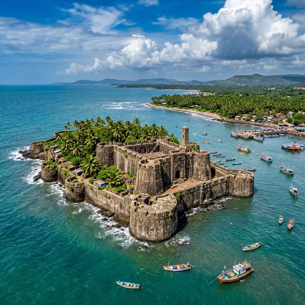 Aerial view of Arnala island fort ringed by turquoise water with fishing boats moored nearby
