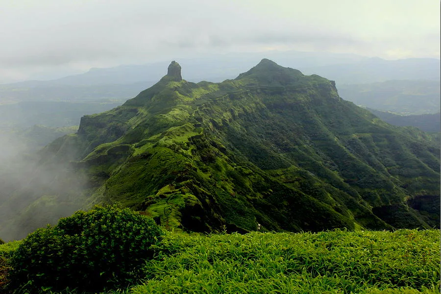 Grassy summit plateau and stone bastions of Torna Fort under monsoon clouds
